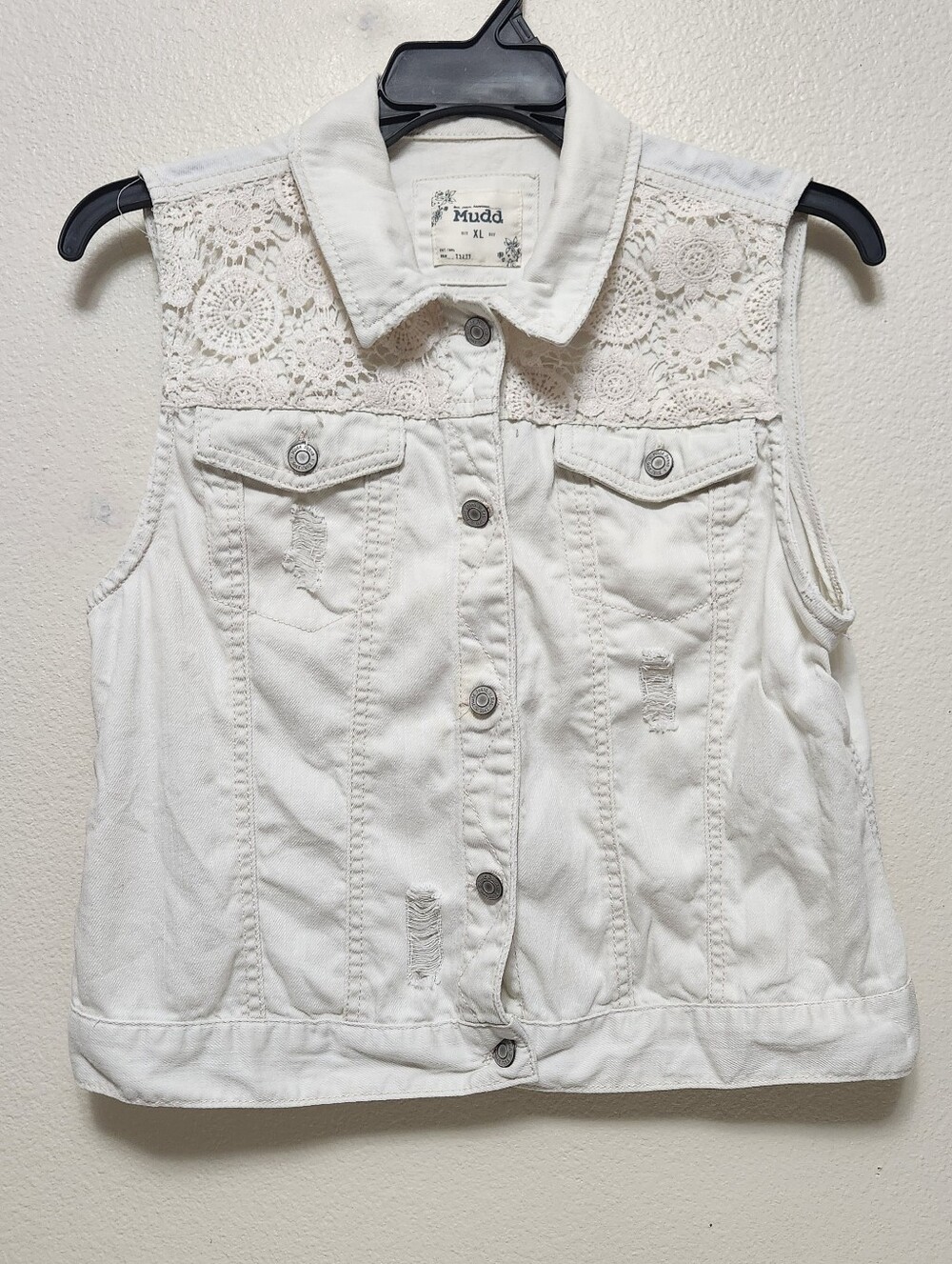 Vintage Y2K Mudd Denim White Vest XL Lace Distressed Hipster Boho Western